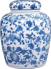 Decorative Blue and White Ceramic Ginger Jar with Lid
