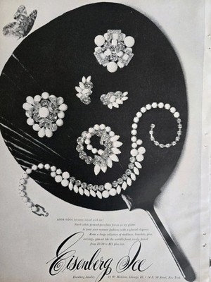1957 Eisenberg Ice Pretend porcelain  necklace earrings pins Vintage Jewelry  Ad