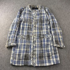 Zara Basic Jacket Womens Size UK Medium White Blue Check Tweed Coat