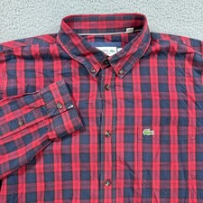 Lacoste Men Regular Fit Plaid Long Sleeve Button Up Shirt Red Navy Size M