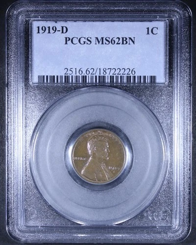 1919-D Lincoln Wheat Cent - 1c PCGS MS62 BN - Brown