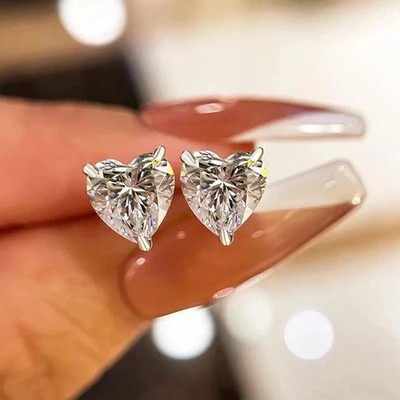 2CT Heart Cut Lab Created Diamond Women Solitaire Stud 14K White Gold Plated