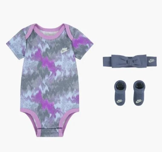3 Piece Nike Baby Girls Outfit - Gift Box Size 0-6 Months Purple Gray Blue B60 P