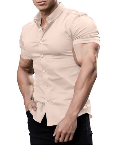 Casual Men's Muscle Fit Dress Shirts Short Sleeve Athletic Fit Button Down Sh... - Picture 3 of 6