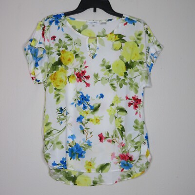 Calvin Klein Women's Sheer Short Sleeve Keyhole Floral Print Blouse Yellow S B45