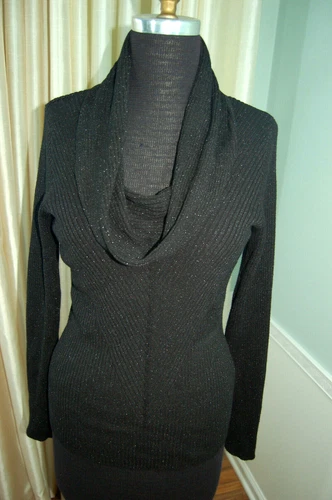  Adrienne Vittadini Black Sparkle Cowl Neck Sweater Sz L Chevron Ribbed NEW