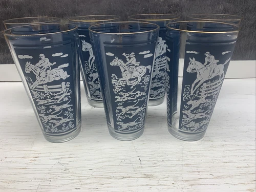 7 Vintage Anchor Hocking Hunt Scene Glasses Great Condition MCM Bar Ware