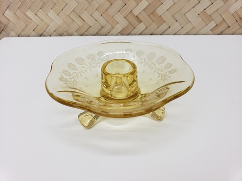 Vintage Fostoria Yellow Glass June Topaz Trojan Candle Holder Footed Cottagecore - Picture 2 of 7