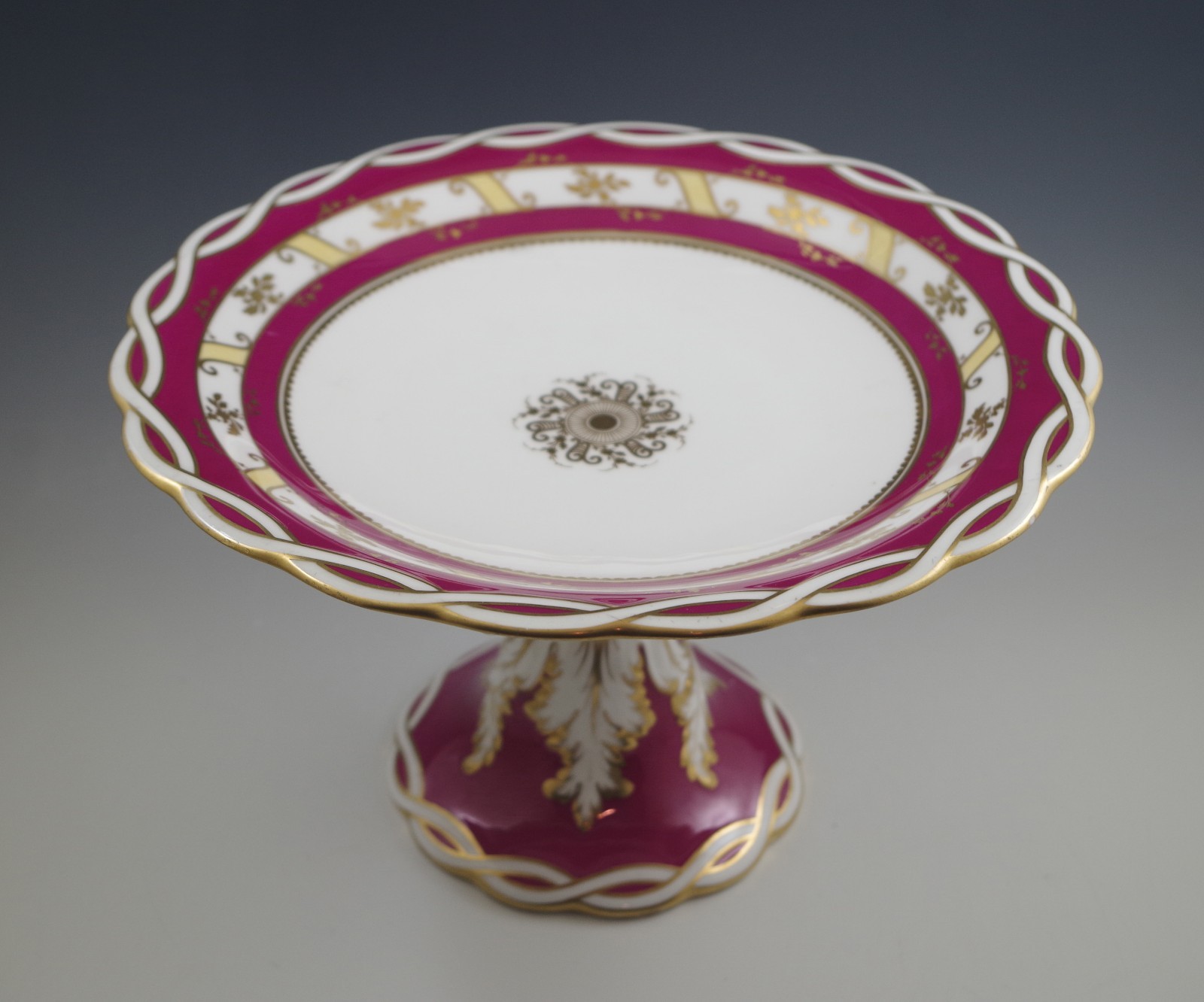 ANTIQUE ROCKINGHAM ENGLISH PORCELAIN LG CAKE STAND TAZZA, MAROON GOLD ...