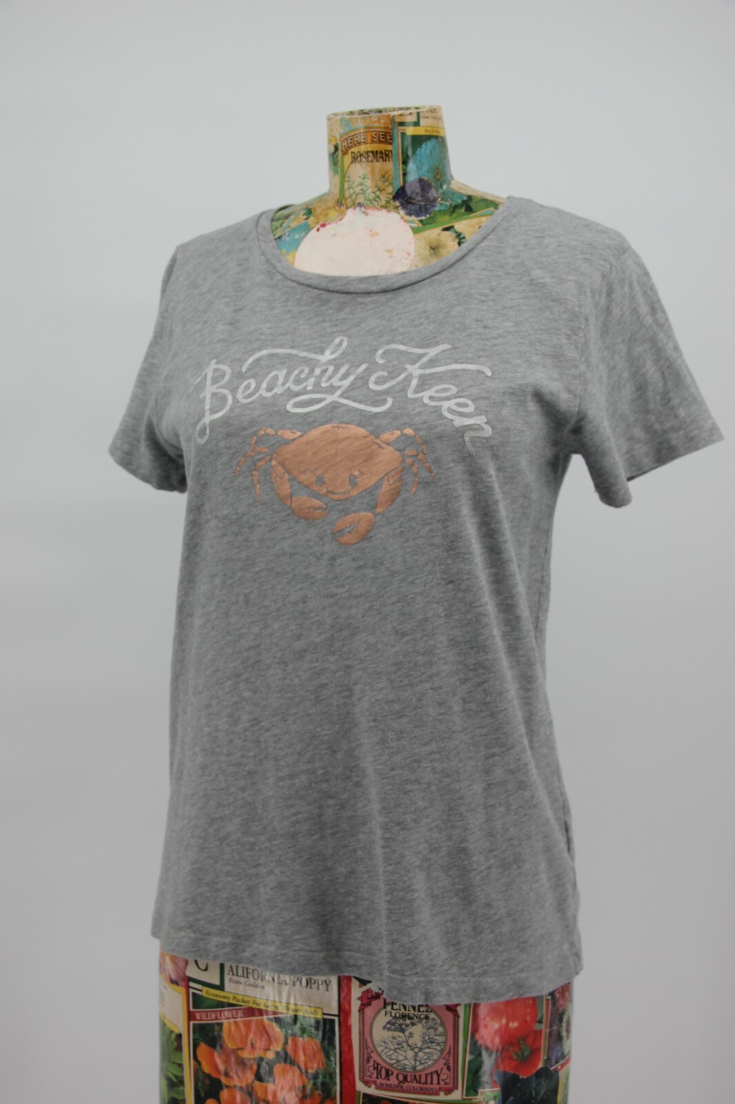 T shirt donna J Crew taglia S grigia Beachy Keen granchio rame da collezione 100% cotone 480