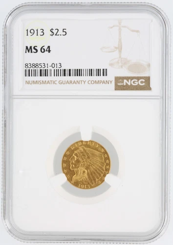 1913 Indian Head Quarter Eagle NGC MS64 $2.5 Philadelphia Minted Gold Coin