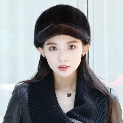 Women's Real Mink Fur Hat Peaked Cap Baseball Cap Warm Princess Headgear Dicer
