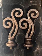 Pair of Heavy Metal Scroll Curtain Rod Finials Antique Bronze Finish