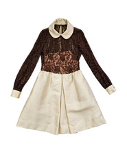 1960s Brown Lace Cream Silk Joseph Magnin Short Mini Dress I Sz Med