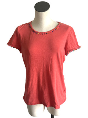 Boden Top Women Size Medium Pom Pom Sleeve Orange Shirt 100% Cotton