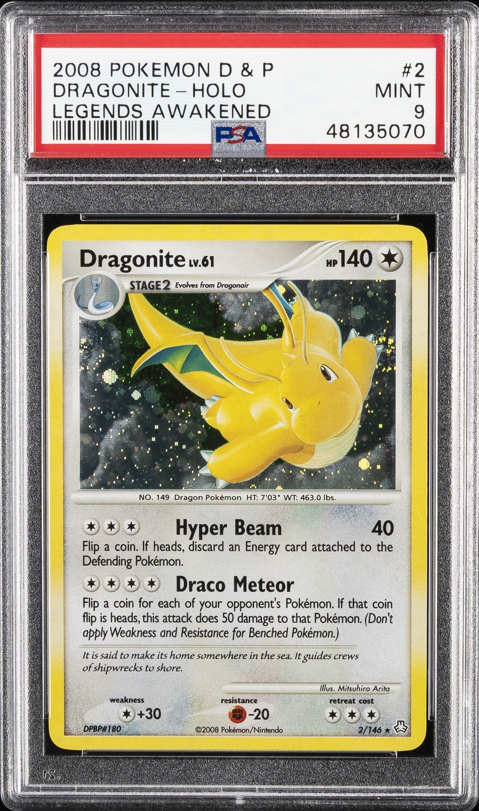 2008 POKEMON DIAMOND & PEARL LEGENDS AWAKENED #2 DRAGONITE-HOLO PSA 9