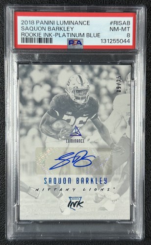 SAQUON BARKLEY PSA 8 2018 PANINI LUMINANCE ROOKIE INK PLATINUM BLUE RC AUTO 9/25