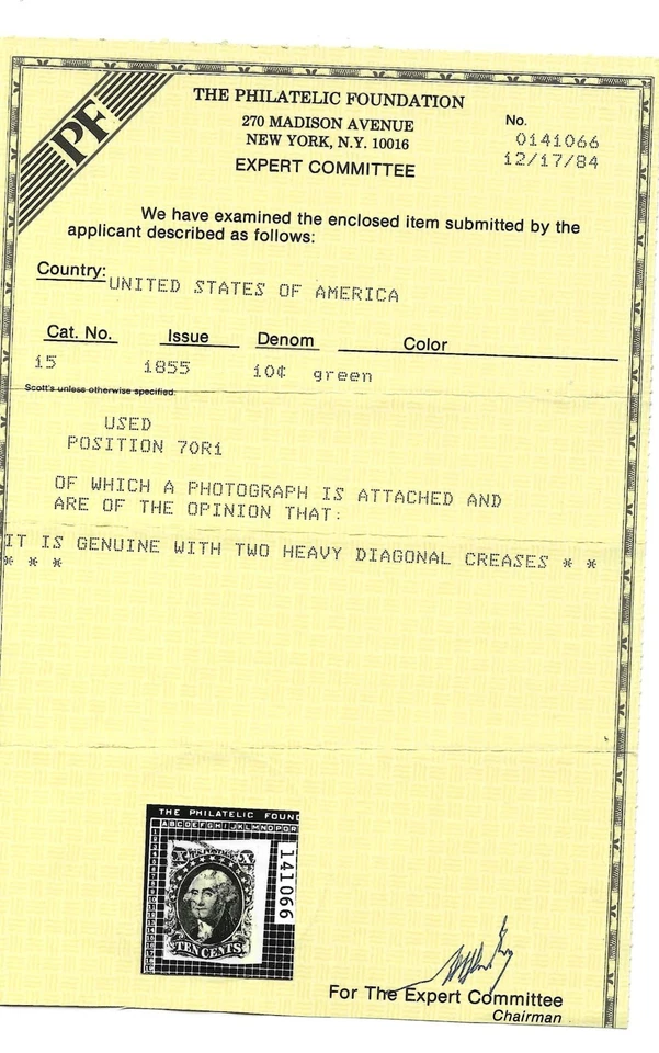 EAS_STAMPS US #15 USED MARGINS 70R1 SCV $105.00 - Image 2 of 2