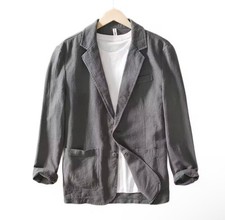 Men's Long Sleeve Cotton Linen Lapel Blazer Coat Jacket Button Cardigan Shirts