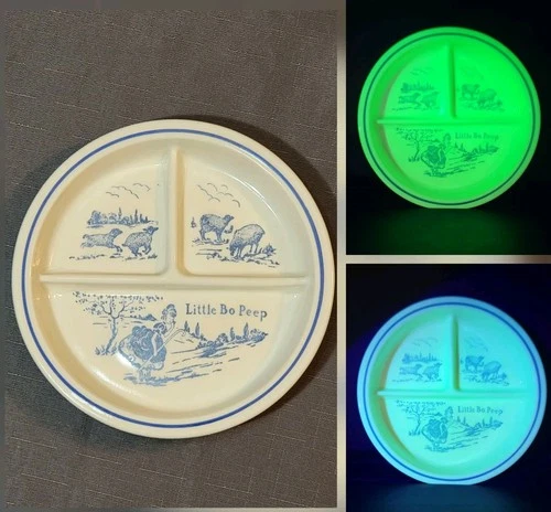 Vtg Uranium Anchor Hocking Vitrock Little Bo Peep Divided Child Nursery Dish|UV