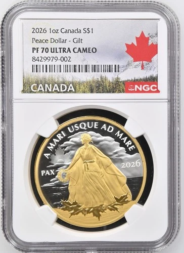 2026 Canada 1 oz Silver $1 Yellow Gold Peace Dollar Proof NGC PF70