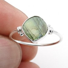 Natural Labradorite Solid Sterling Silver Anniversary Band Bezel Ring Size 7.5
