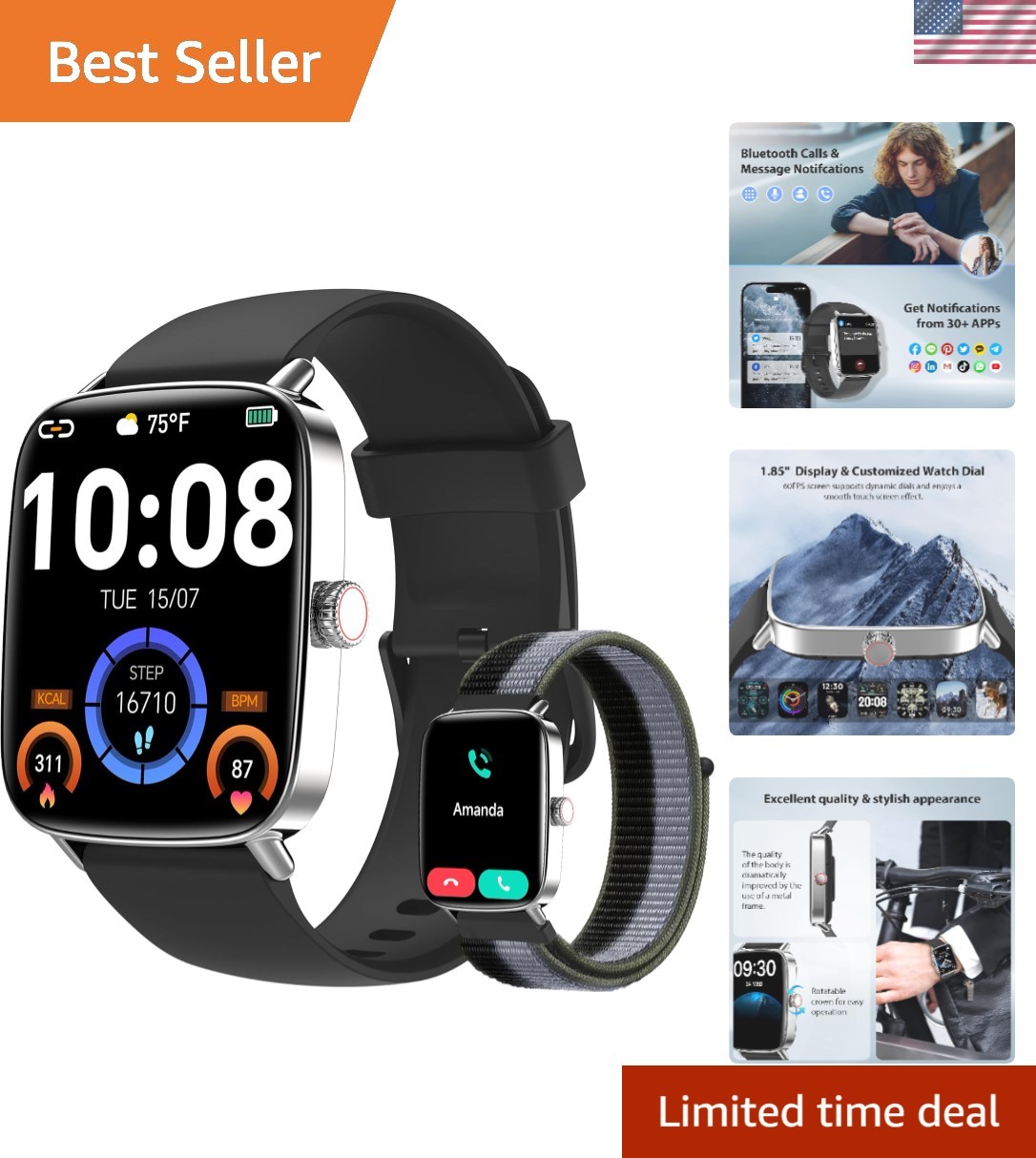 Waterproof Smart Watch for Men & Women with 1.85 Screen & Call Answer Fitness Tracker