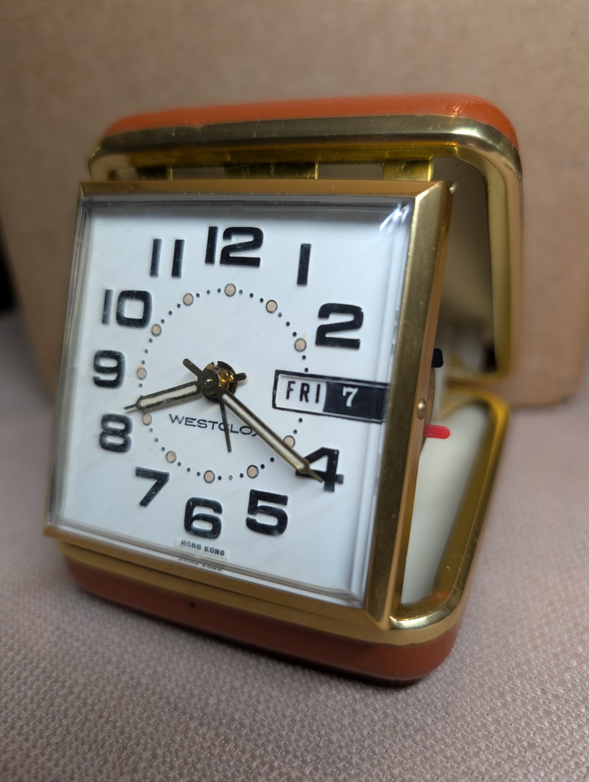 Vintage Westclox Folding Case Wind Up Travel Alarm Clock withDay Date Hong Kong