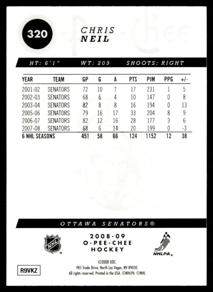 2008-09 O-Pee-Chee Gold Chris Neil Ottawa Senators #320 - Image 2 of 2