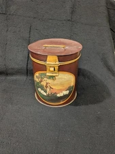 Antique Toleware Canister W/ Hand Painted Shepherd Scene 8"X 9.5"