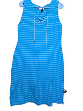 Lauren Ralph Lauren Women's Cotton Blue Striped Sleeveless Knee Length Dress L
