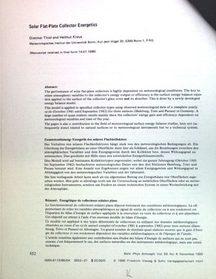 Solar Flat-Plate Collector Energetics; Thiel, Dietmar and Helmut Kraus: