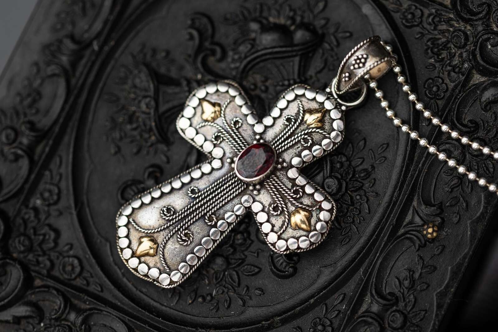 Vintage AHM Garnet Cross Pendant Sterling Estate Jewelry