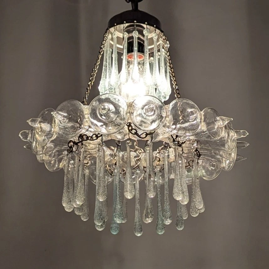 B305 Mid-Century Vintage Glass Teardrops Silver Pendant Chandelier Crystal Look - Image 2 of 4