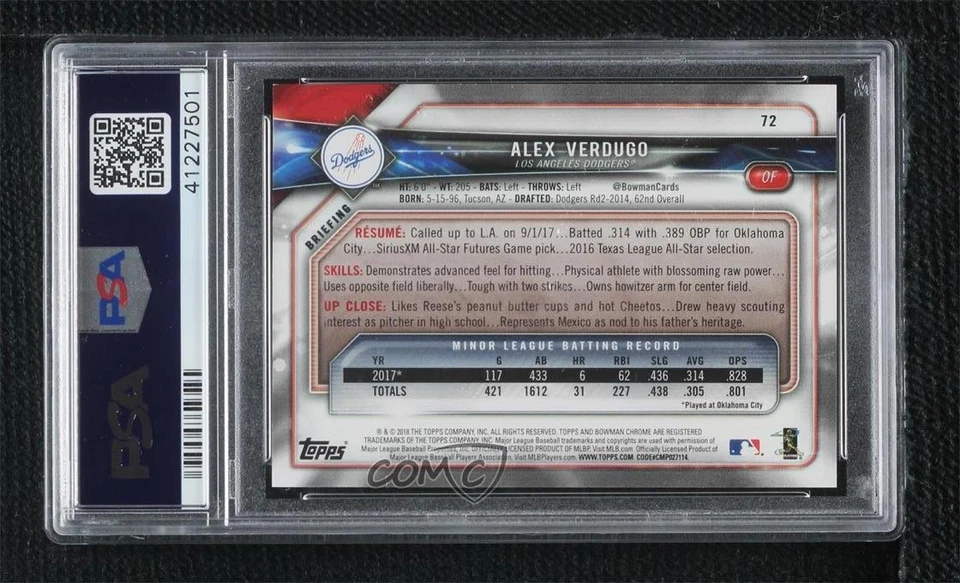 2018 Bowman Purple /250 Alex Verdugo #72 PSA 9 MINT Rookie RC - Image 2 of 2
