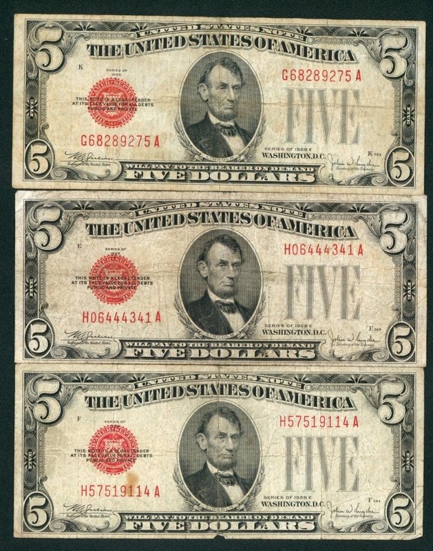 ((3 NOTES)) $5 1928 United States Note ** PAPER CURRENCY AUCTIONS