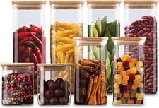 Set of 8 Glass Food Storage Jars with Airtight Bamboo Lids | Kitchen Canisters