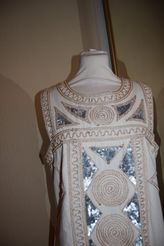 FRENCH CONNECTION DRESS EMBELLISHED PEARLS Gold Silver SEQUIN 12 Tribal Aztec - Picture 8 of 16