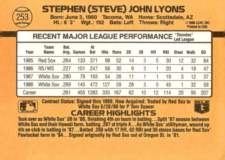1989 Donruss #253a Steve Lyons - Image 2 of 2