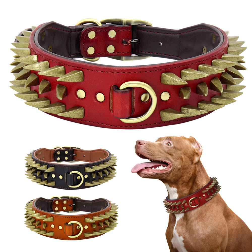 Spiked Studded Pet Dog Collar Heavy Duty Genuine Leather Training for Pit  Bull