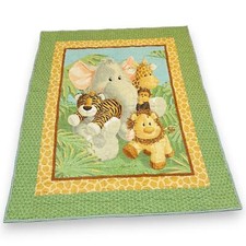 Baby Quilt Jungle Babies Green Brown Yellow 46.5" x 37.5" Green Gingham Backing