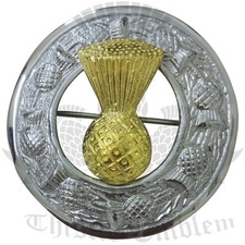 Pour Hommes Écossais Kilt Mouche Plaid Broche Chardon Emblème Badge Chrome & Or
