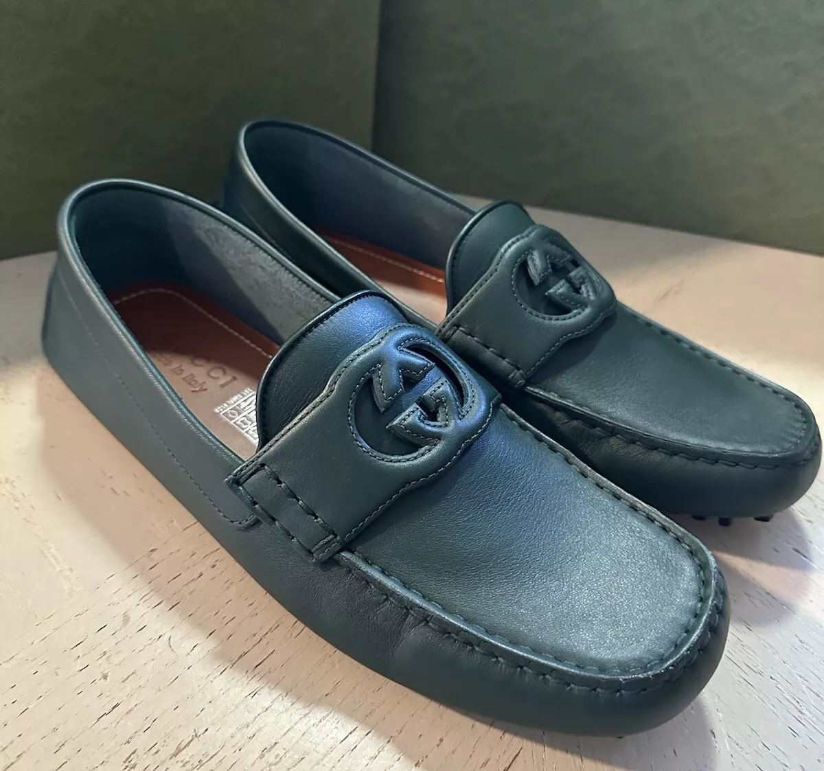 Mocassins de conducteur Gucci pour hommes en cuir GG verts 8,5 États Unis/7,5 Royaume Uni 730148 neufs