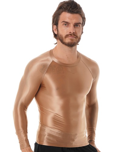 US Men's T-Shirt Glossy Shiny Oil Long-Sleeve Base-Layer Running Sports Slim Top - Picture 89 of 111