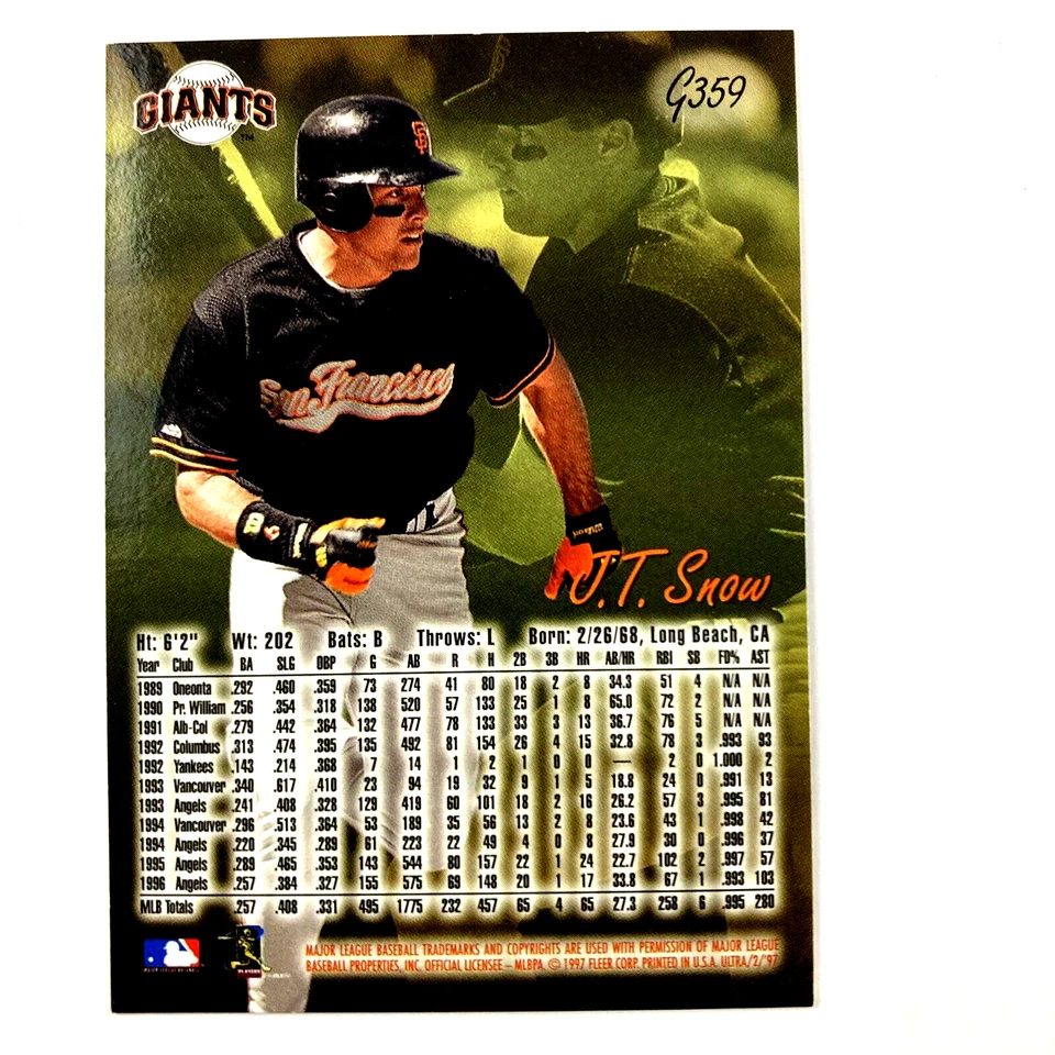 J.T. Snow 1997 Fleer Ultra Gold Medallion #359 MLB San Francisco Giants - Image 2 of 2