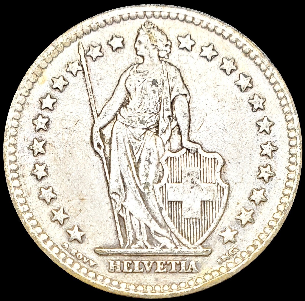 1943 B Switzerland 2 Francs .835 Silver Coin Helvetia Standing