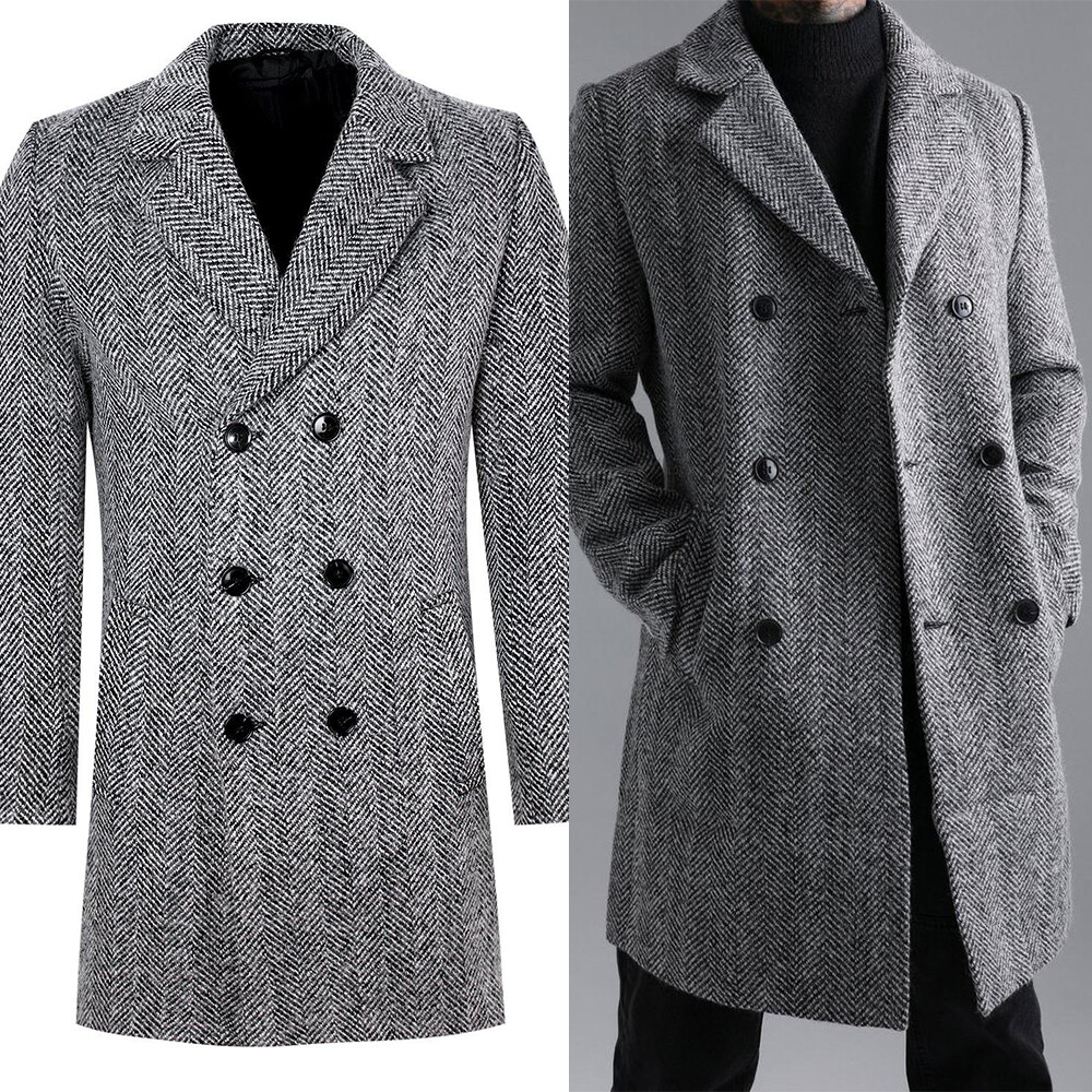 Notch Lapel Wool Blend Gray Herringbone Coat Men Long Notch Lapel Wool Blend Gray Herringbone Coat Men Long