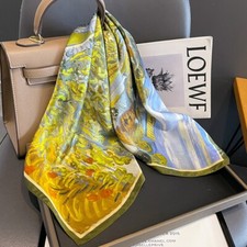 100 Silk Scarf Women Vintage Green Oil Paiting Kerchief Headscarf Tied 68 68cm