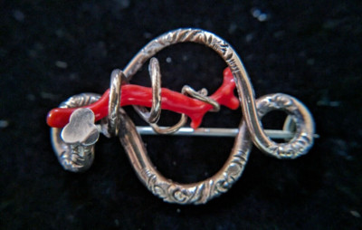 Antique Deep Orange Coral Gold Filled Stamped Love Knot Pin
