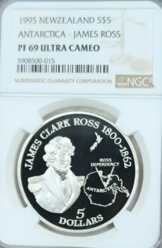 1997 NEW ZEALAND SILVER 5 DOLLARS JAMES ROSS ANTARCTICA NGC PF 69 ULTRA CAMEO 